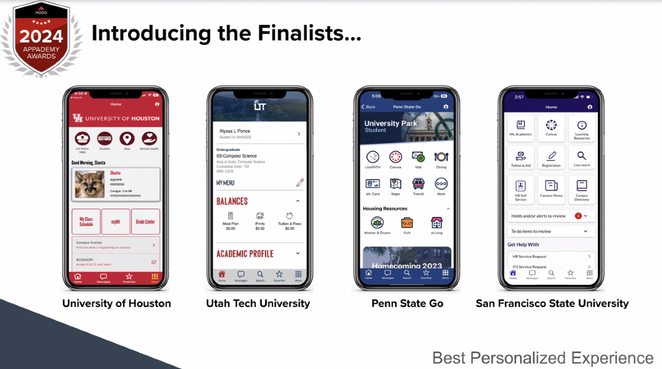 Nominees for the Best Personalized Experience at the Appademy Awards: SF State, University of Houston, Utah Tech University, Penn State Go 